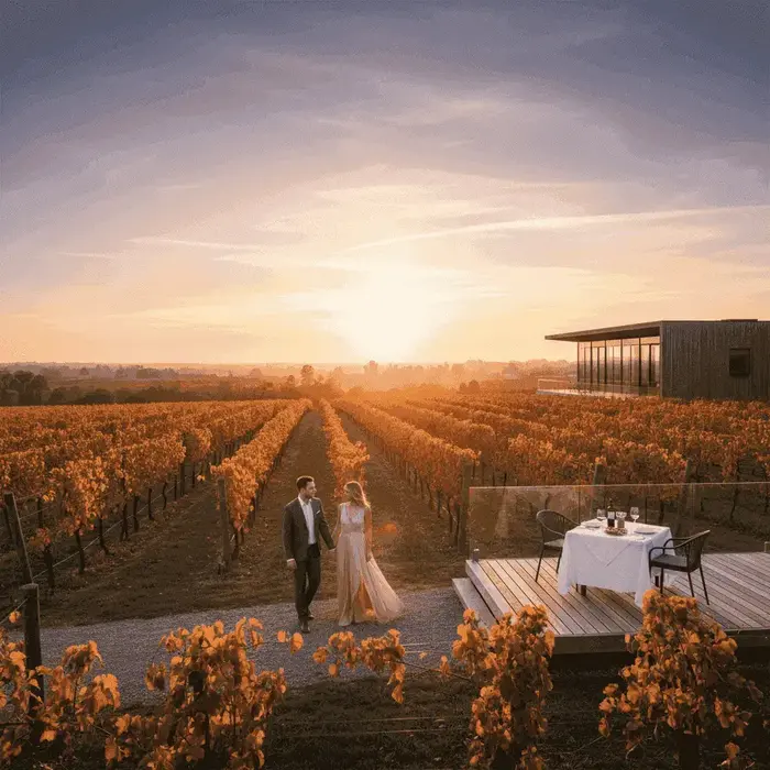 A picturesque vineyard at sunset, symbolizing the beauty of wine country