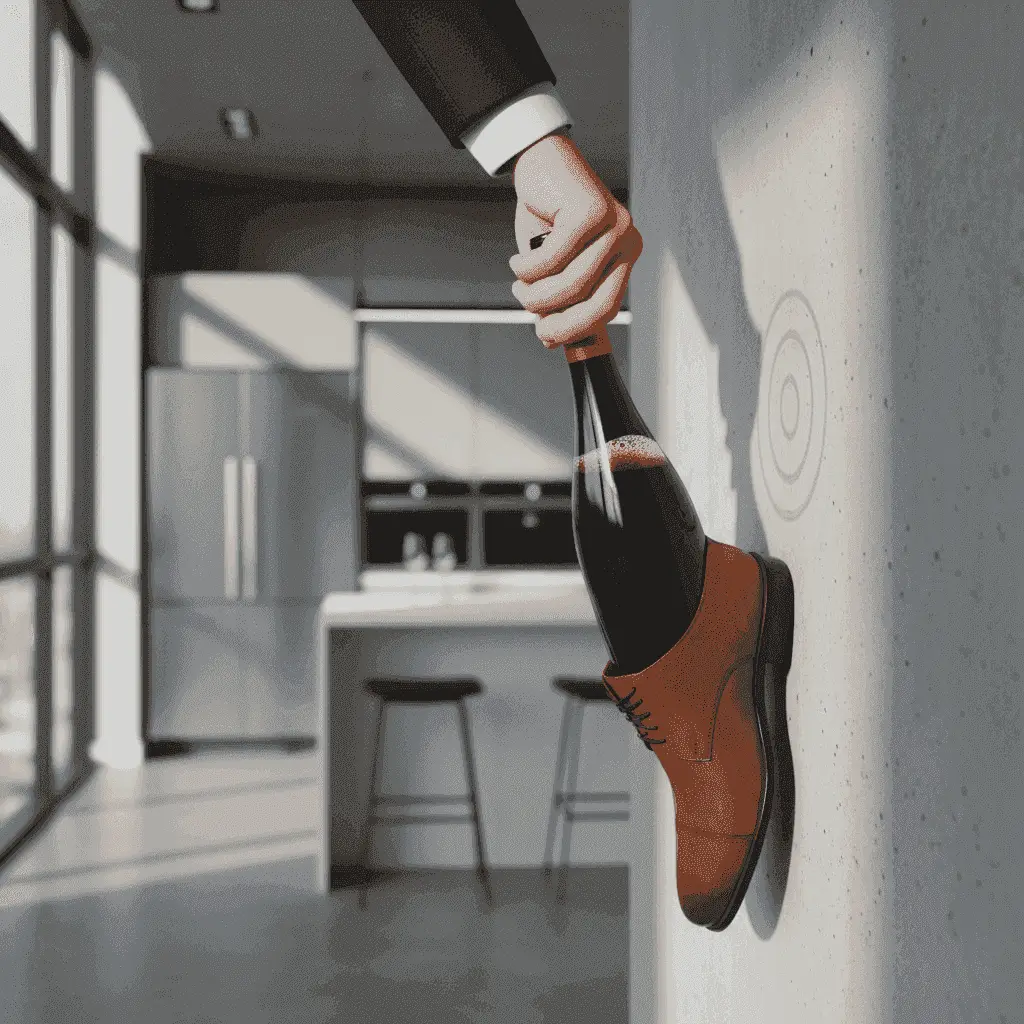 Weinflasche wird mit der Schuhmethode geöffnet, indem sie gegen eine Wand geklopft wird.