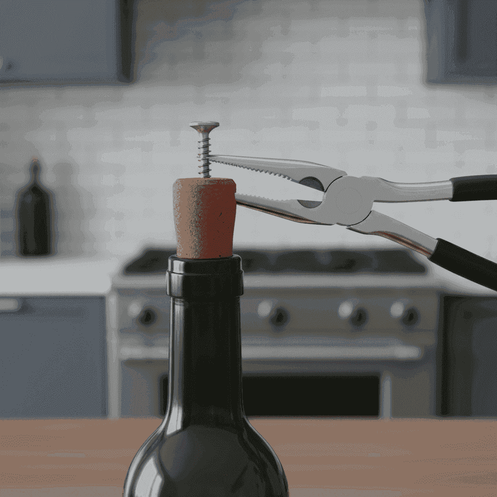 A screw partially inserted into a wine cork with pliers gripping its head, ready to pull.