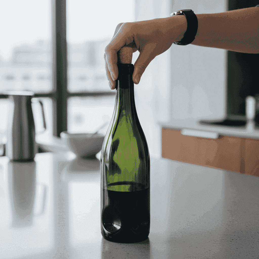 A hand pushing a wine cork directly into the bottle neck.