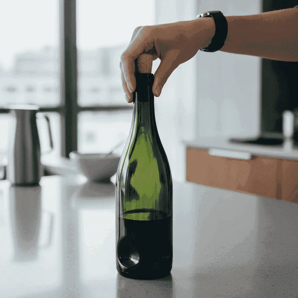Eine Hand drückt einen Weinkorken direkt in den Flaschenhals.