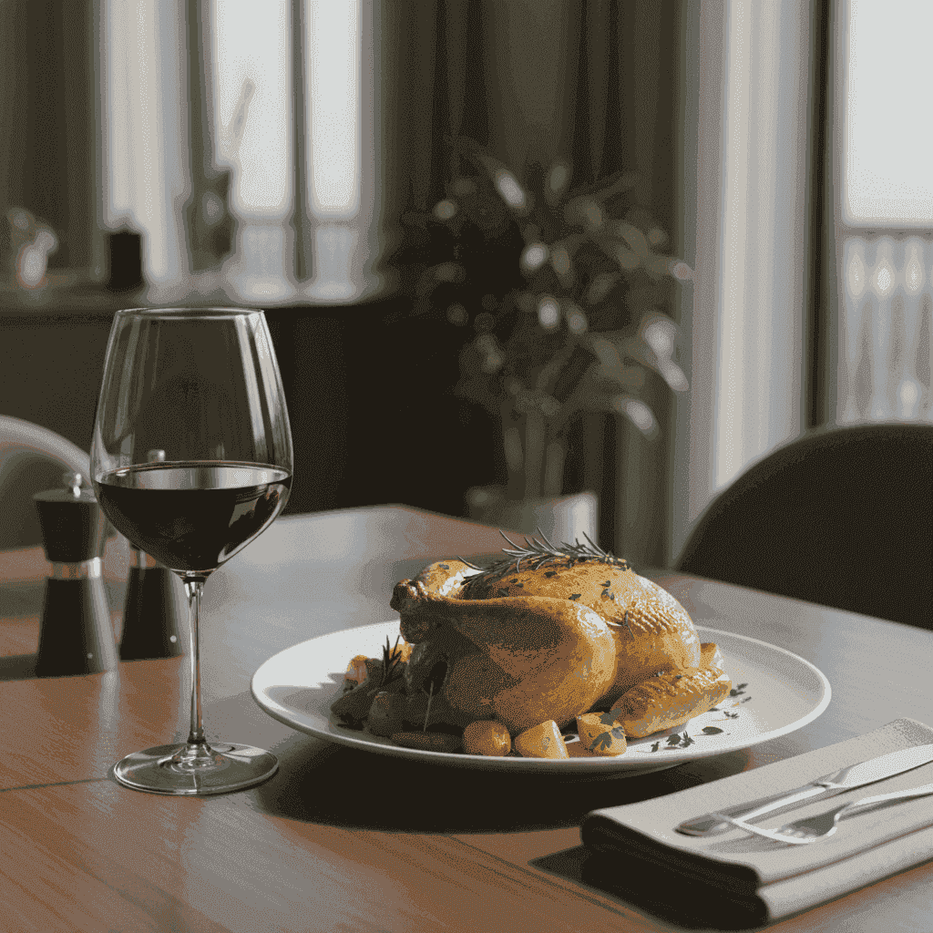 Glass of Pinot Noir next to a plate of roasted chicken with herbs