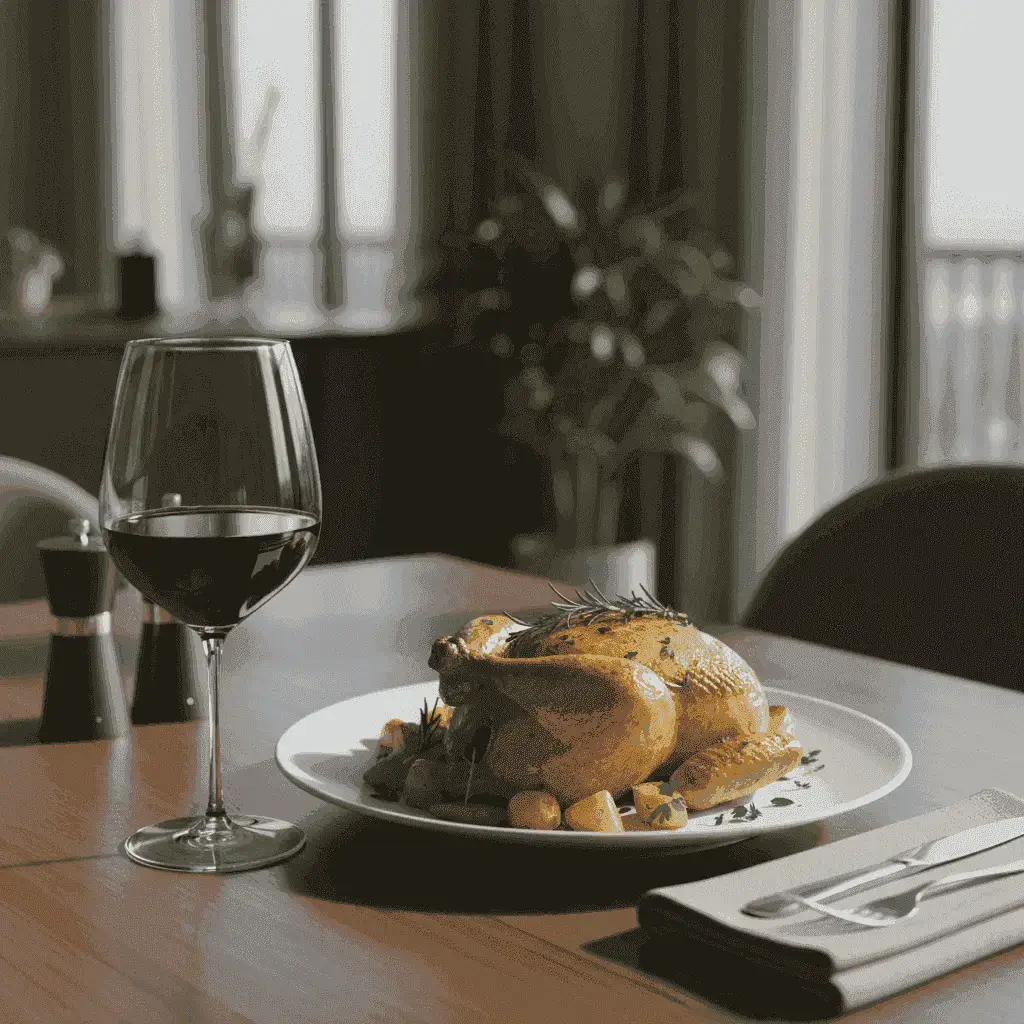 Бокал Пино Нуар рядом с тарелкой жареной курицы с травами