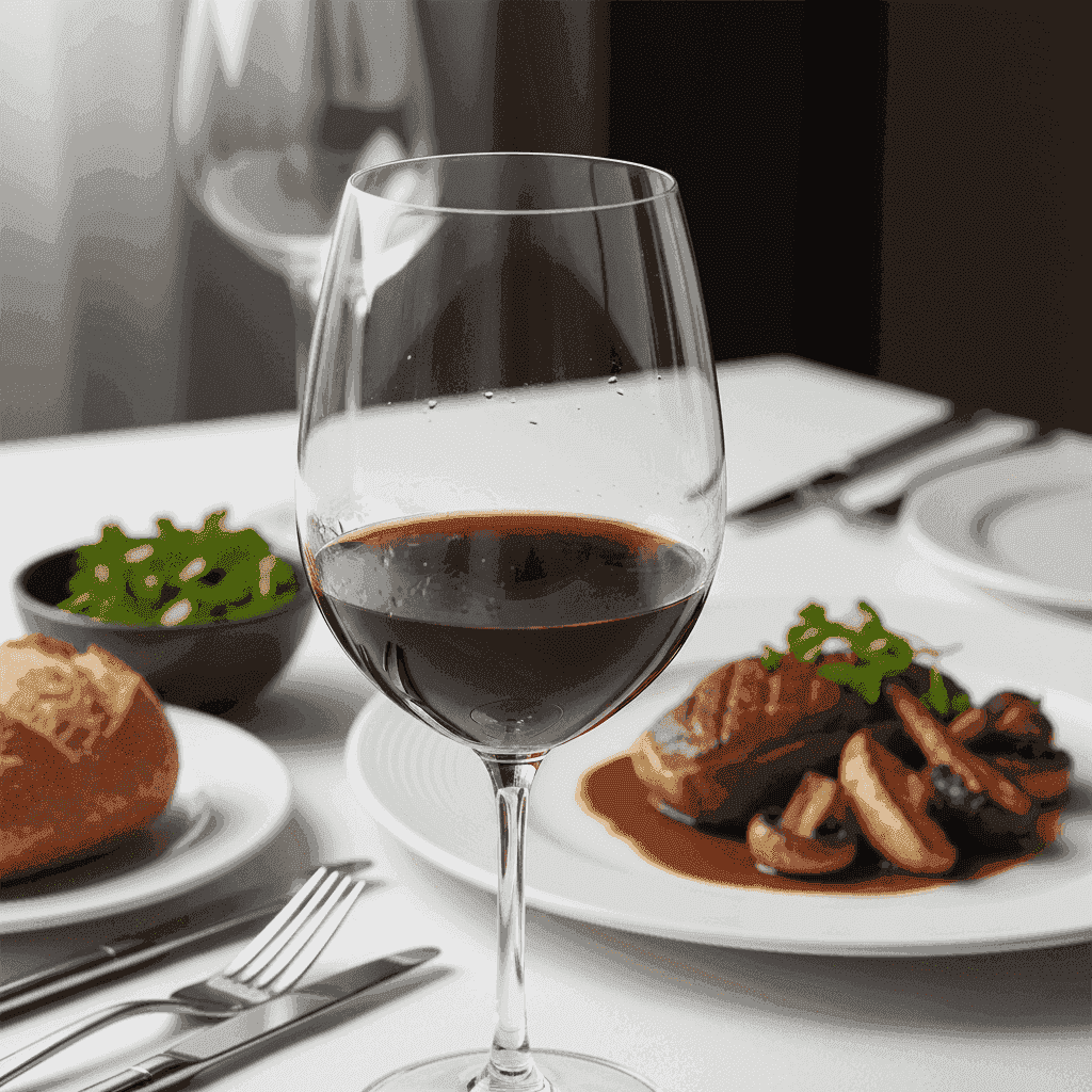 A glass of Pinot Noir with a defocused backdrop of a meal