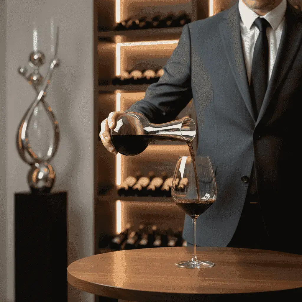 A sommelier carefully pouring red wine into a glass