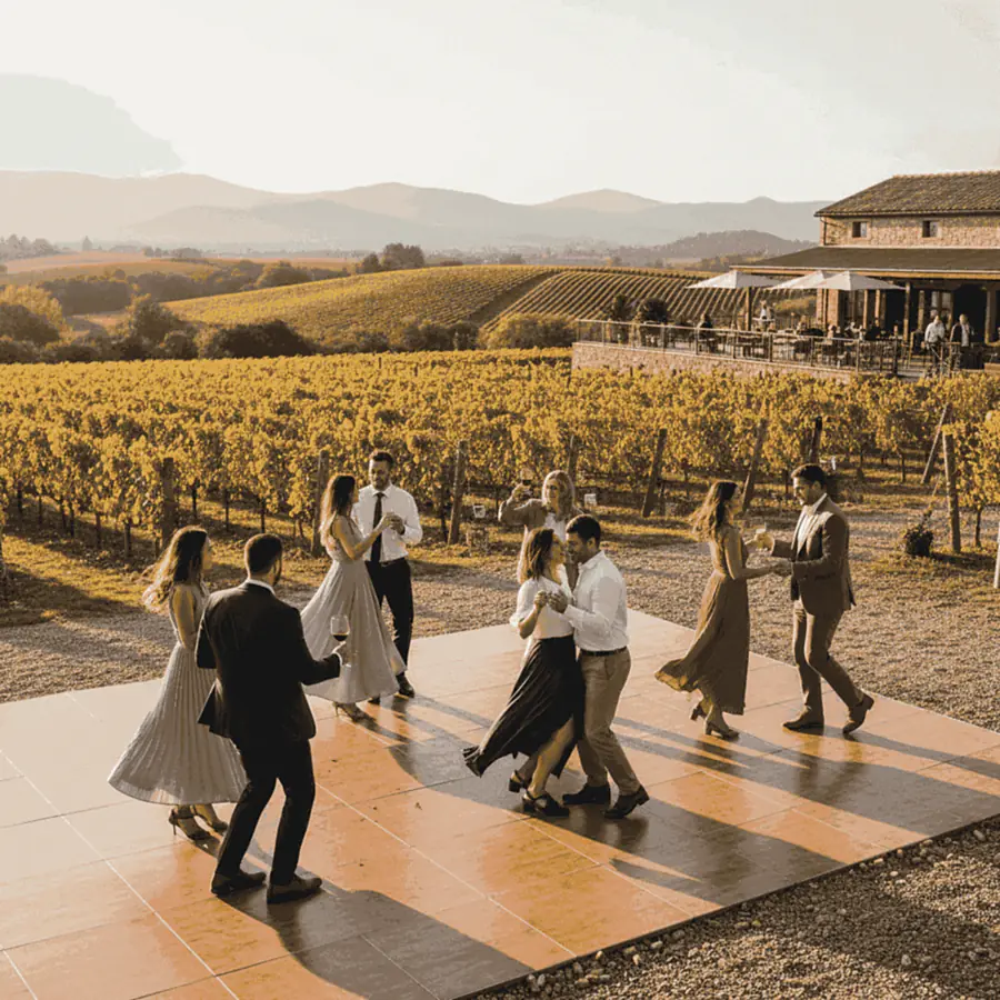 People dancing at an outdoor wine festival with vineyards in the background