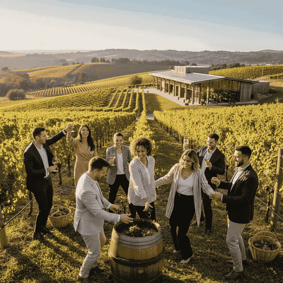 People celebrating harvest at a winery in a picturesque wine region