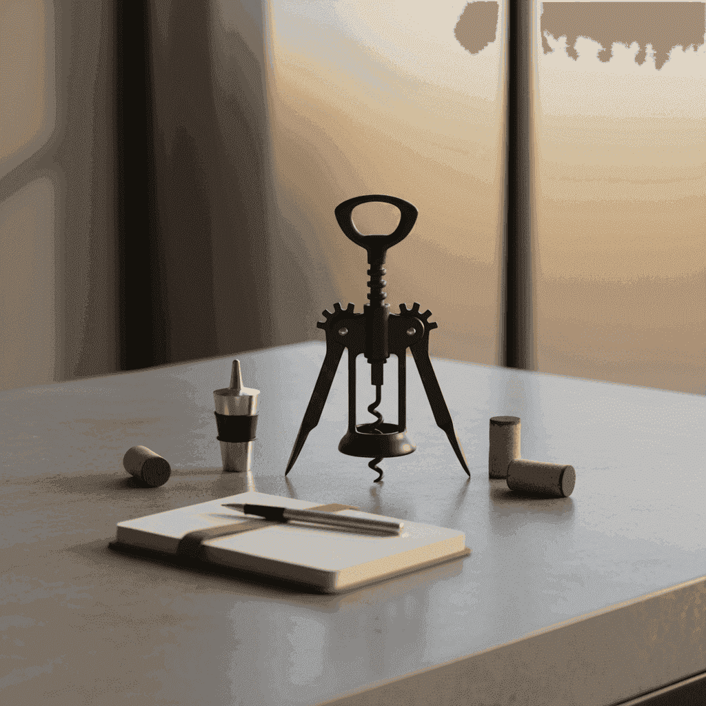 Selection of wine accessories like a corkscrew, stopper, and tasting notebook