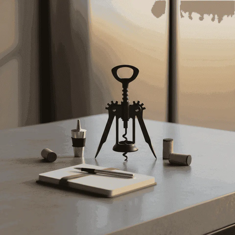 Selection of wine accessories like a corkscrew, stopper, and tasting notebook