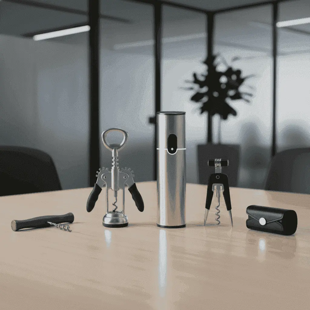Various types of wine openers, including a waiter's corkscrew, winged, electric, and Ah-So
