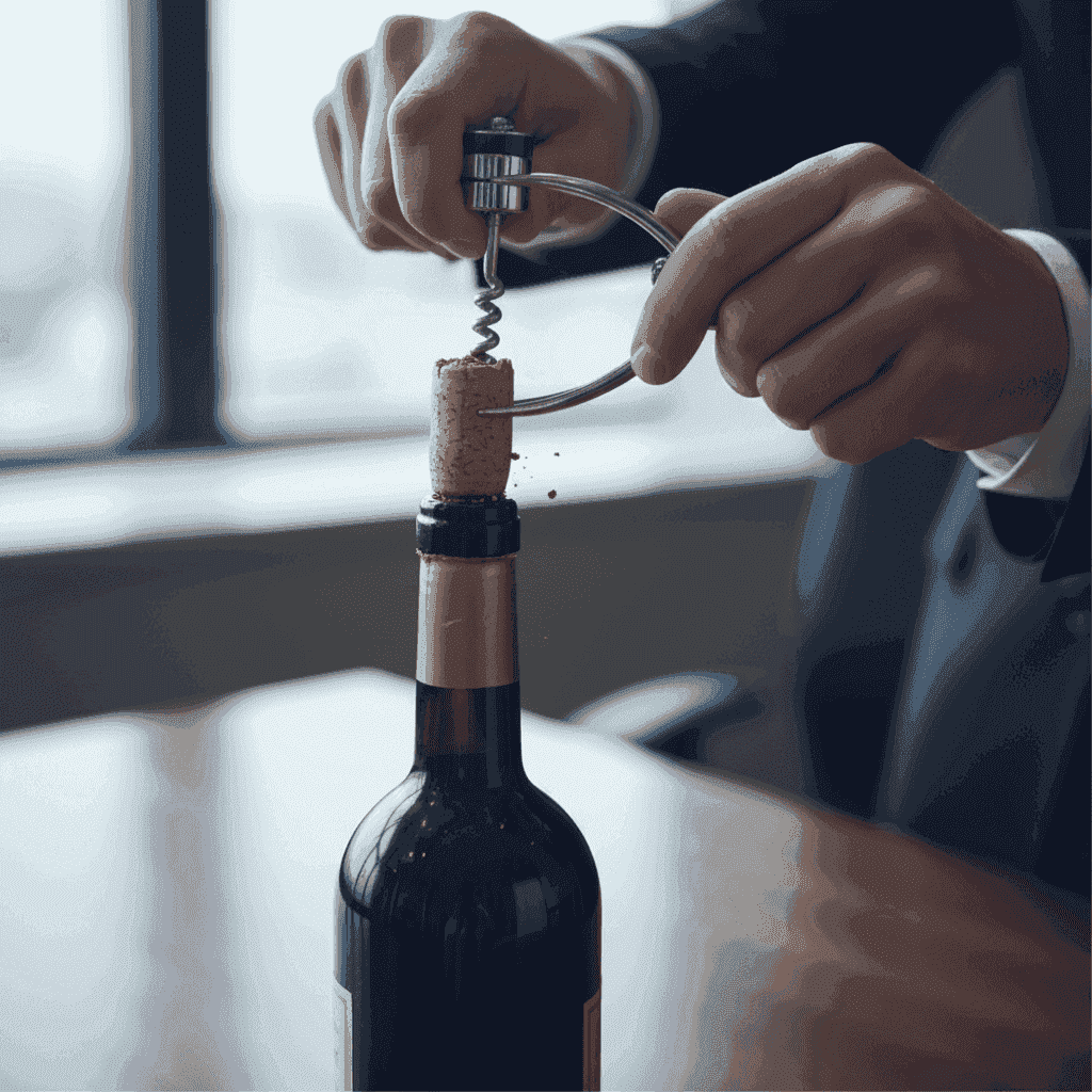 An Ah-So wine opener carefully removing a fragile cork from an old wine bottle