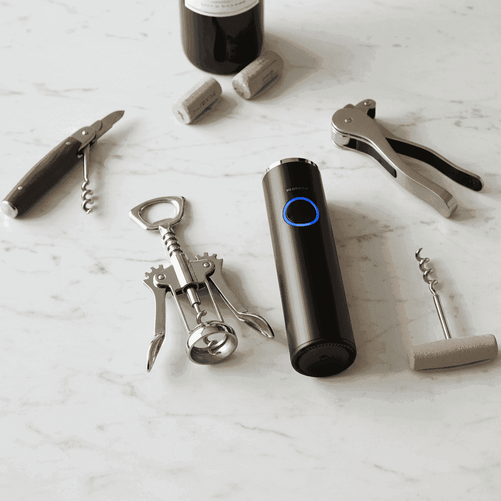 A variety of wine openers laid out, suggesting a choice