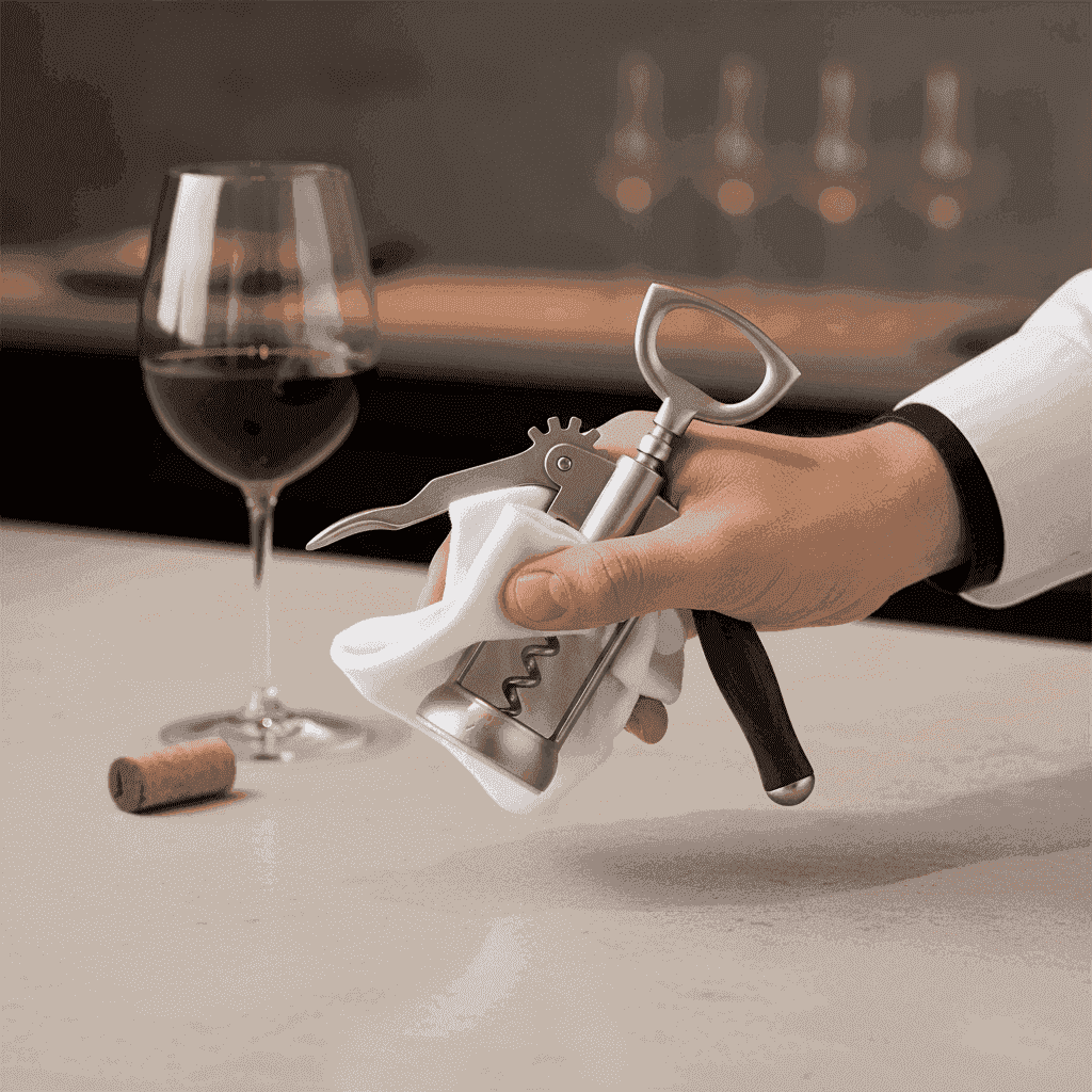 Hand wiping a waiter's corkscrew after use