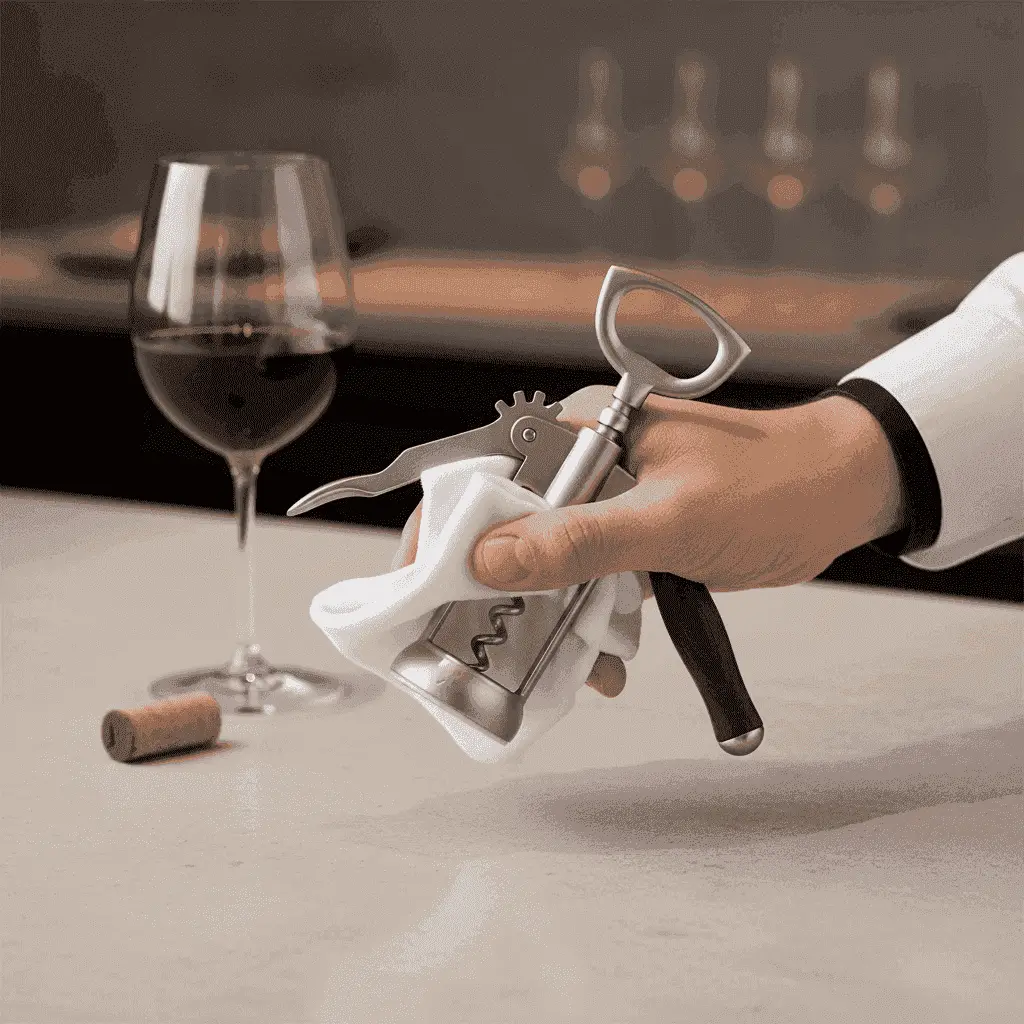 Hand wiping a waiter's corkscrew after use