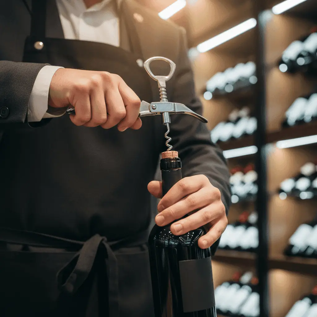 A sommelier expertly opening a bottle of red wine with a corkscrew.