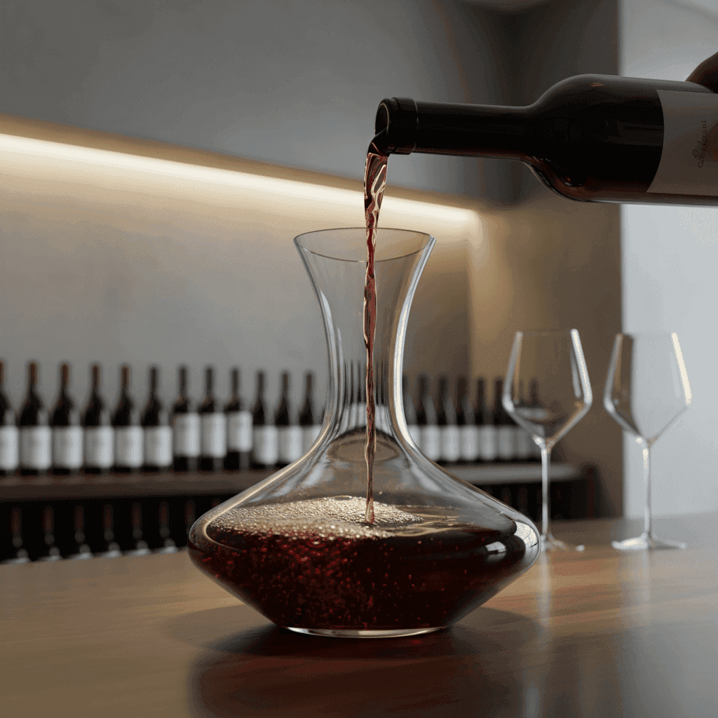 A slow pour of red wine into a glass decanter, highlighting aeration.