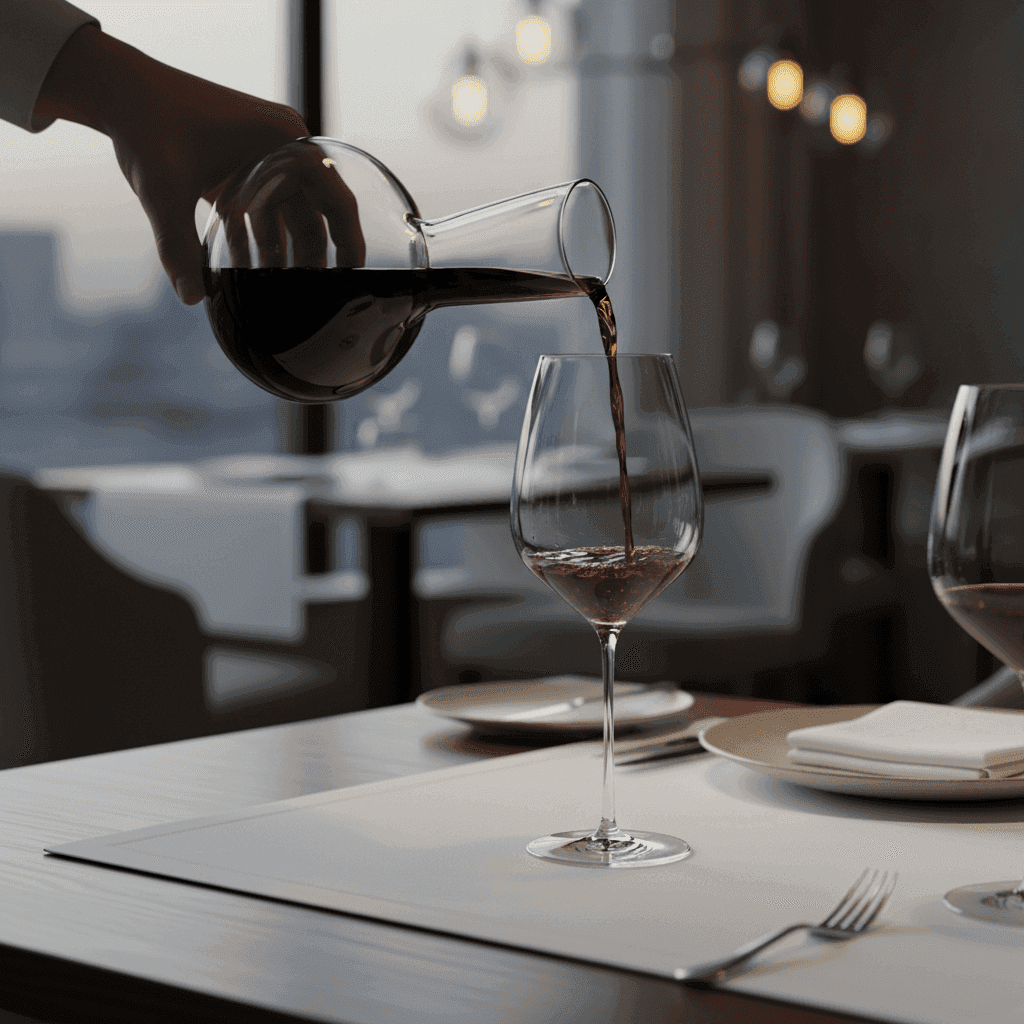 Hand pouring red wine into a clear, elegant wine glass on a dinner table.