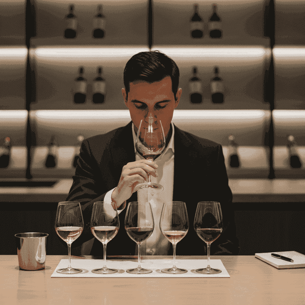 A flight of different wines being tasted by a sommelier