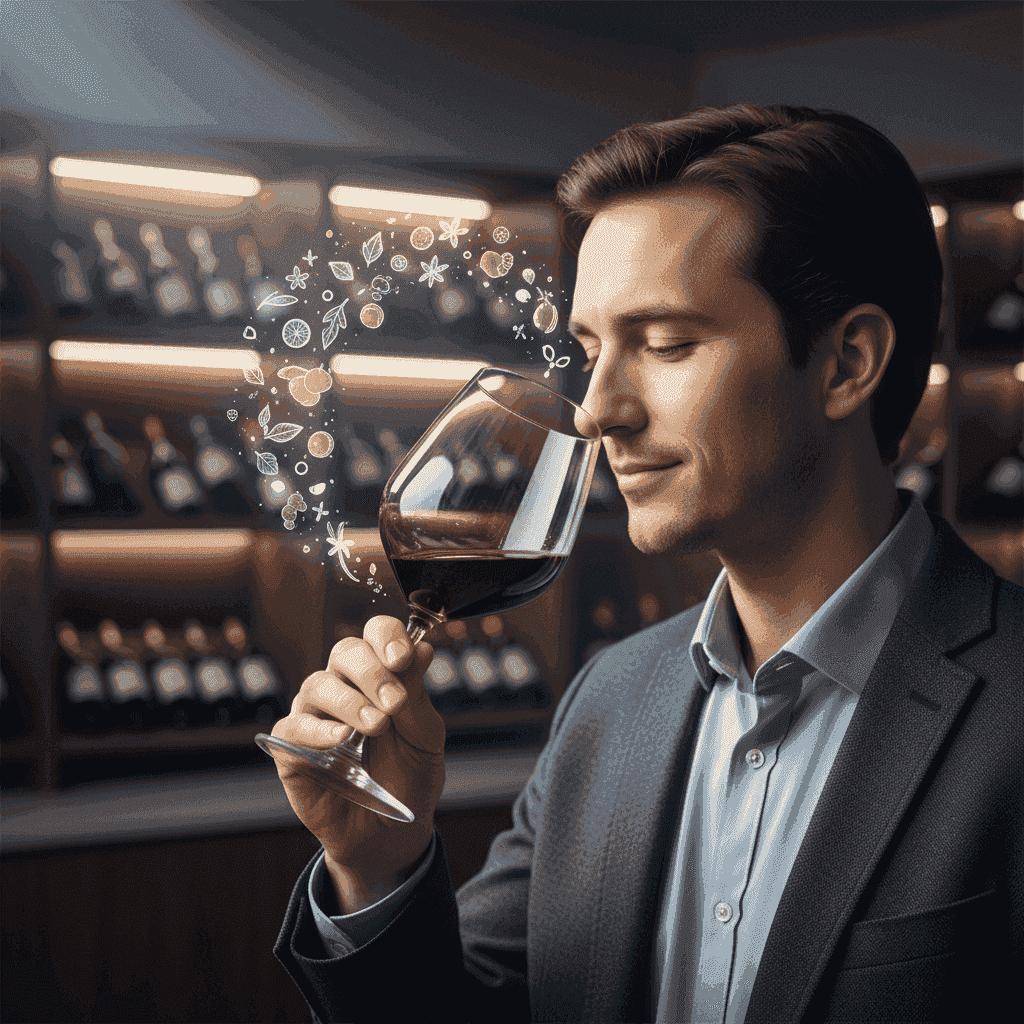 A person smelling wine in a glass, with aroma descriptors floating around