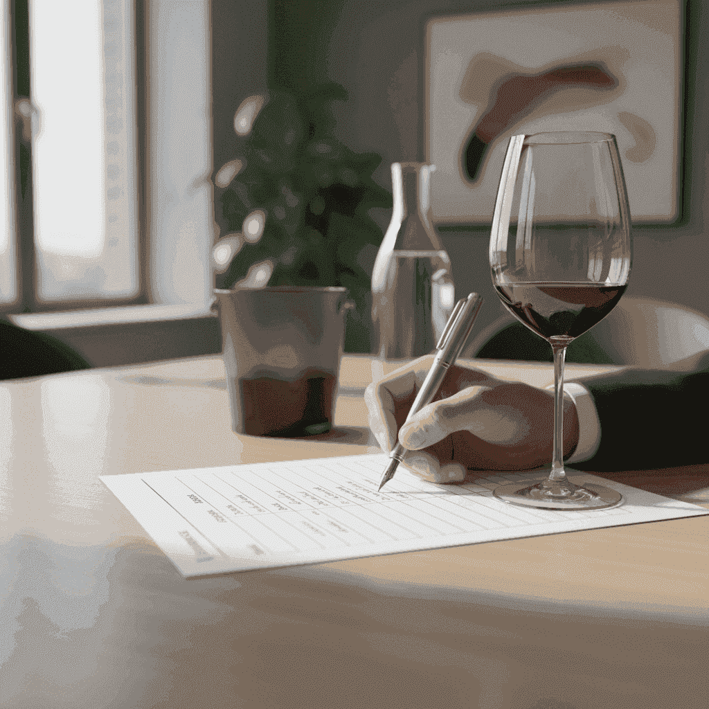 A hand writing wine tasting notes on a dedicated sheet next to a wine glass
