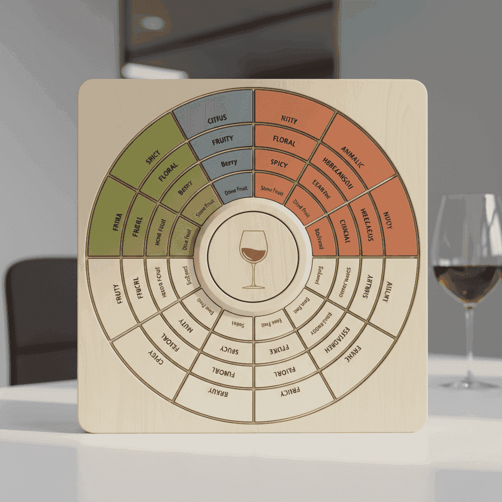 A wine aroma wheel categorizing scents like fruity, floral, spicy, earthy, and more
