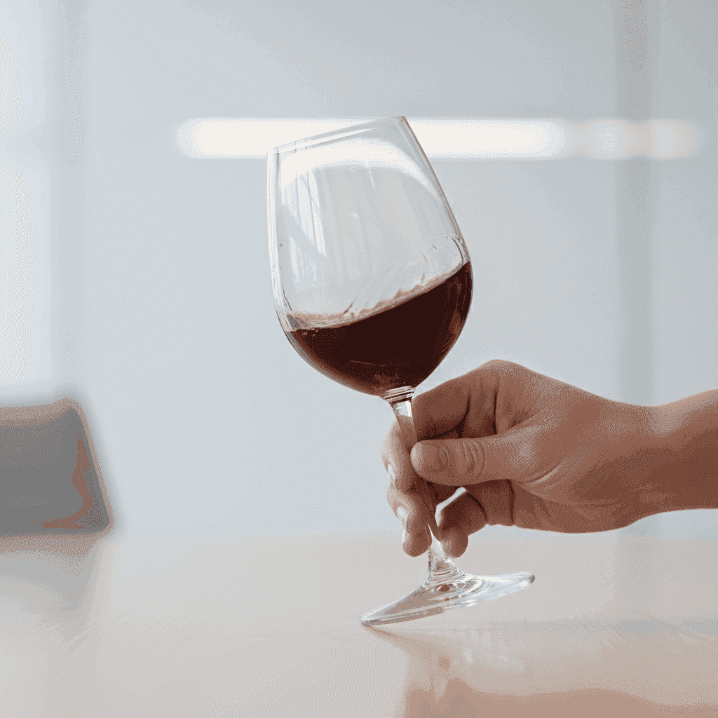 A hand swirling red wine in a clear wine glass