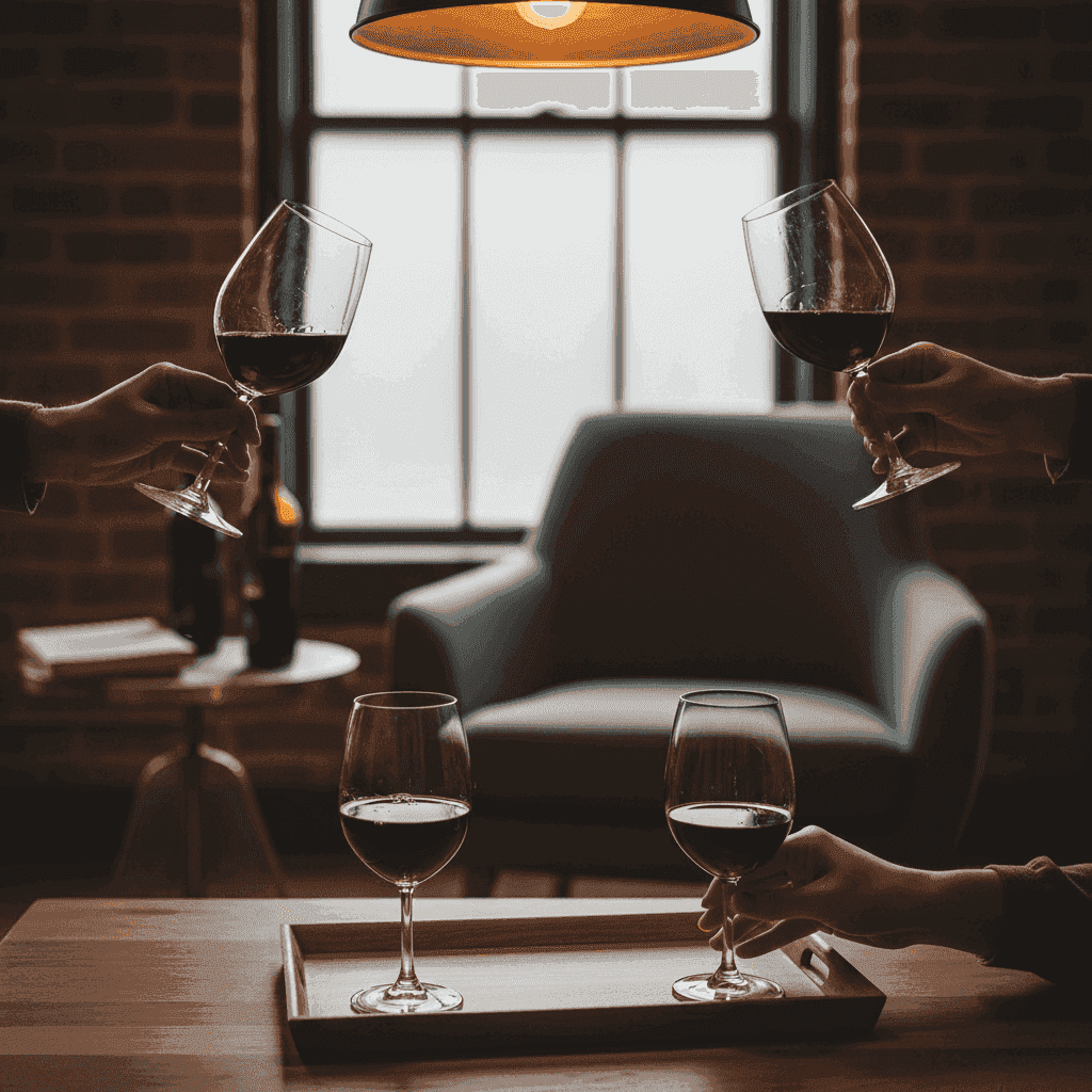 A flight of red wines being tasted in a dimly lit, cozy room