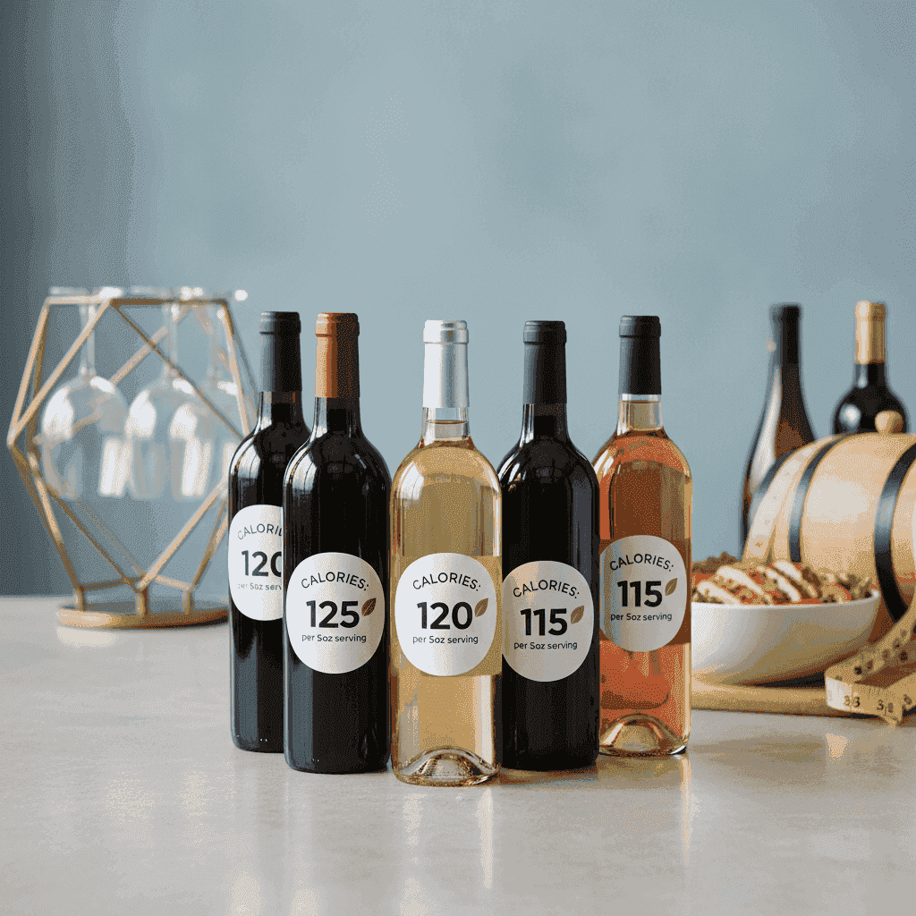 Various wine bottles with calorie information