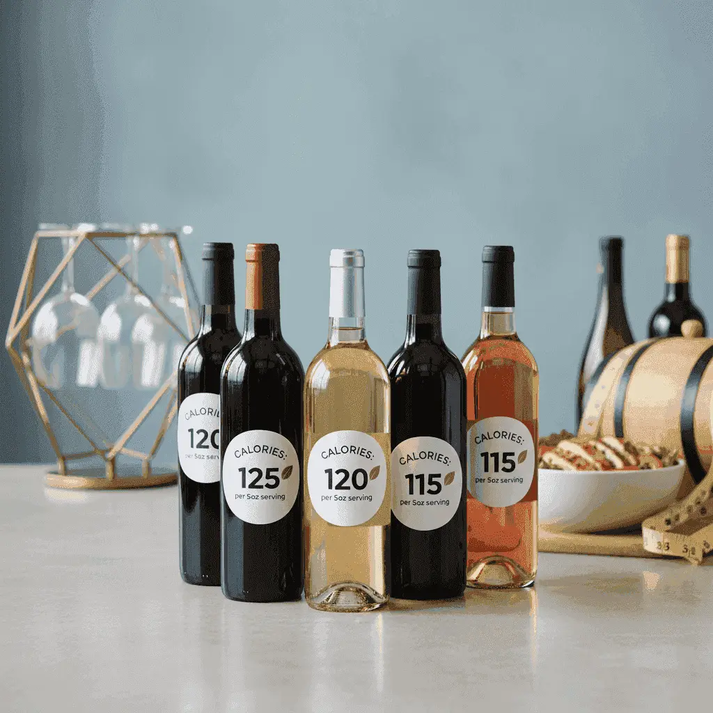 Various wine bottles with calorie information