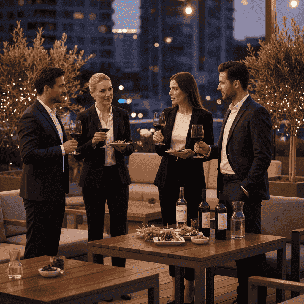 People enjoying wine at an outdoor event with a balanced approach