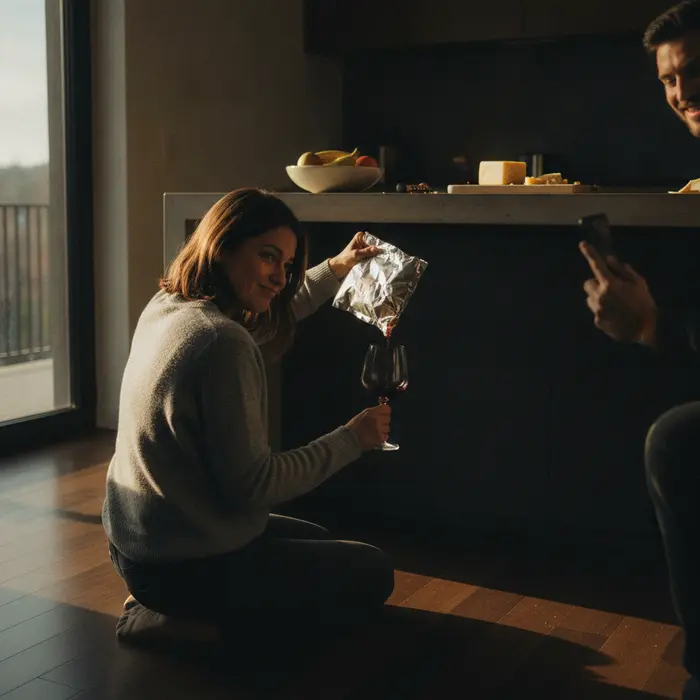 A woman squeezing the final drops from a silver wine box bladder in a dramatic chiaroscuro-lit kitchen