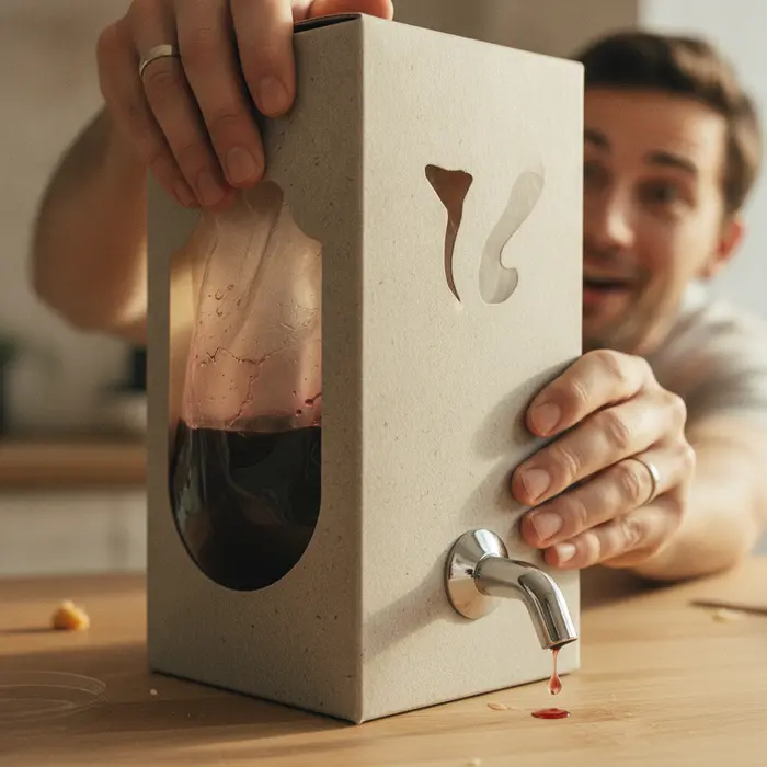 Close-up of a modern bag-in-box wine dispenser tap and the internal flexible plastic bladder