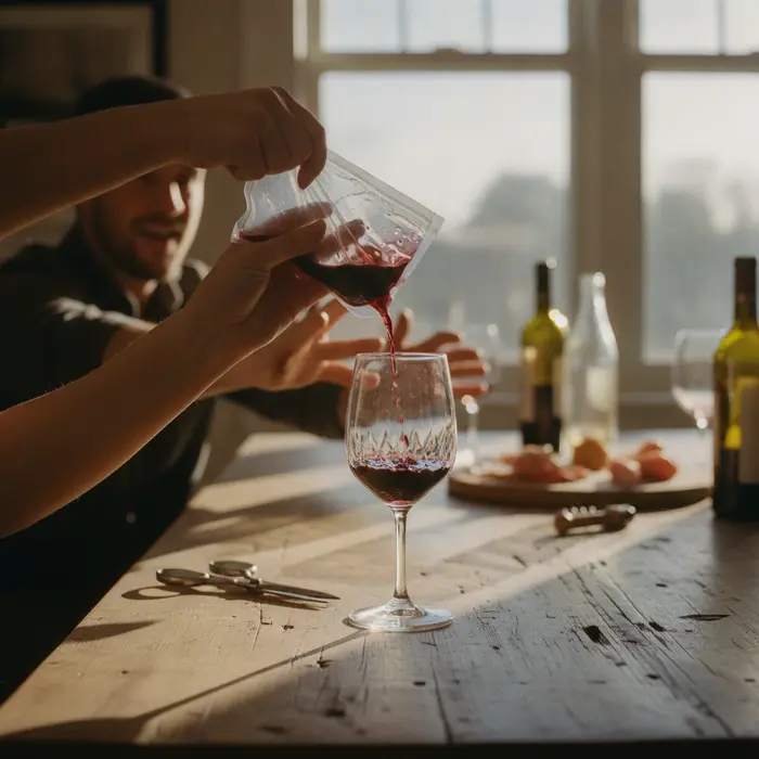 Pouring the final drops of red wine from a snipped bladder into a crystal wine glass
