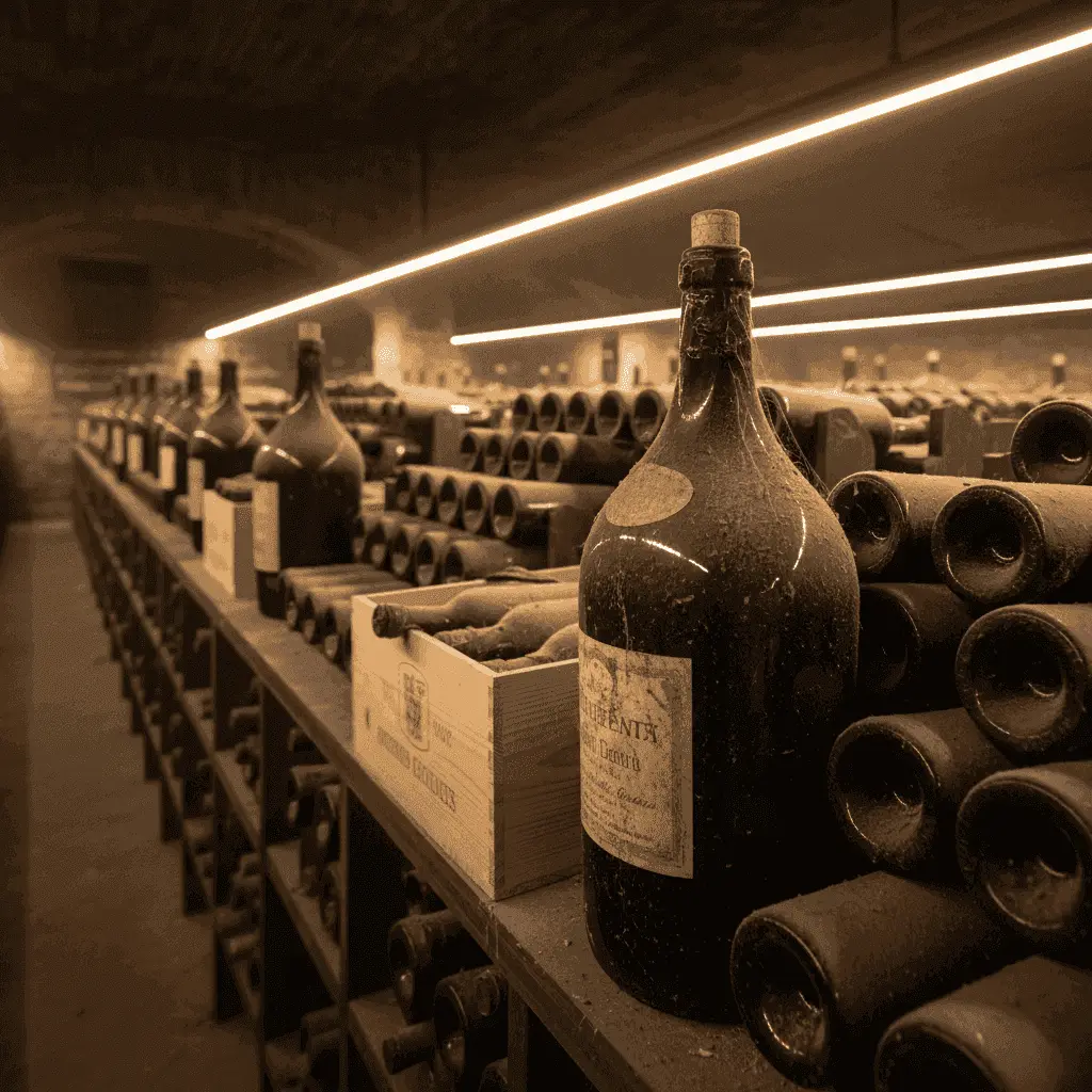 Rows of ancient, dusty wine bottles in a dimly lit, temperature-controlled cellar.