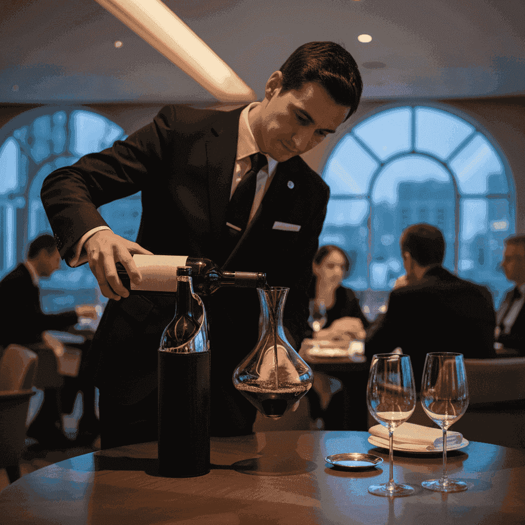 A sommelier carefully decanting a bottle of fine red wine at a luxurious restaurant table.