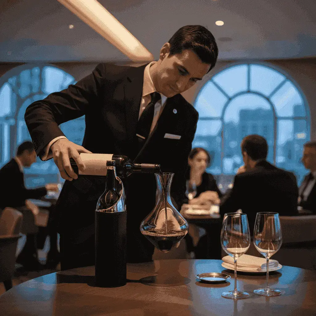 A sommelier carefully decanting a bottle of fine red wine at a luxurious restaurant table.