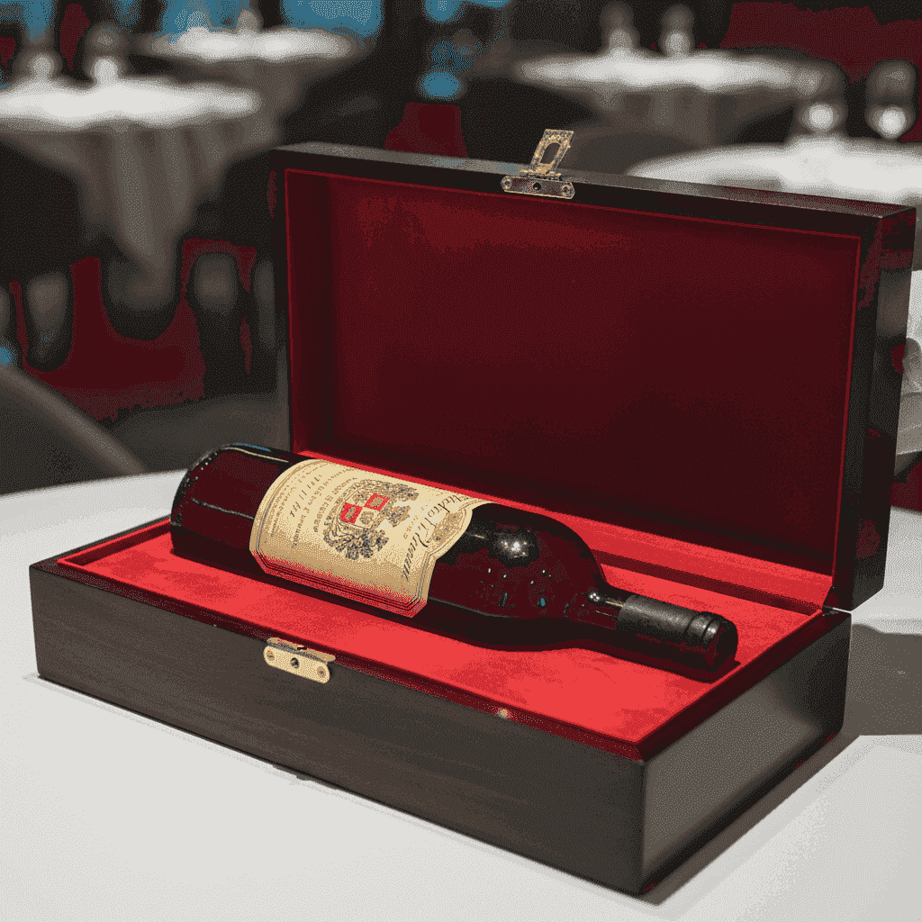A rare, vintage bottle of Bordeaux wine with a prestigious label, showcased in a velvet-lined box.