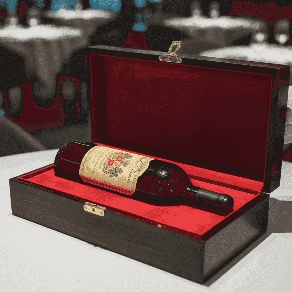 A rare, vintage bottle of Bordeaux wine with a prestigious label, showcased in a velvet-lined box.