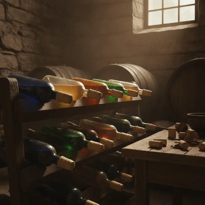 Corks and glass wine bottles ready for aging