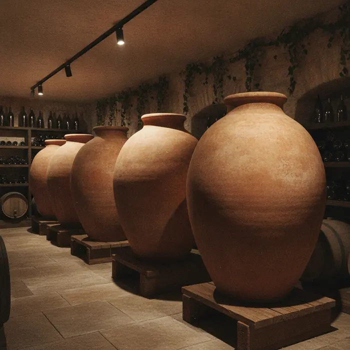 Modern clay amphorae lined up in a wine cellar