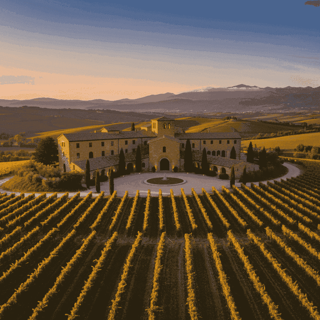 Historic Italian winery with rows of grapevines