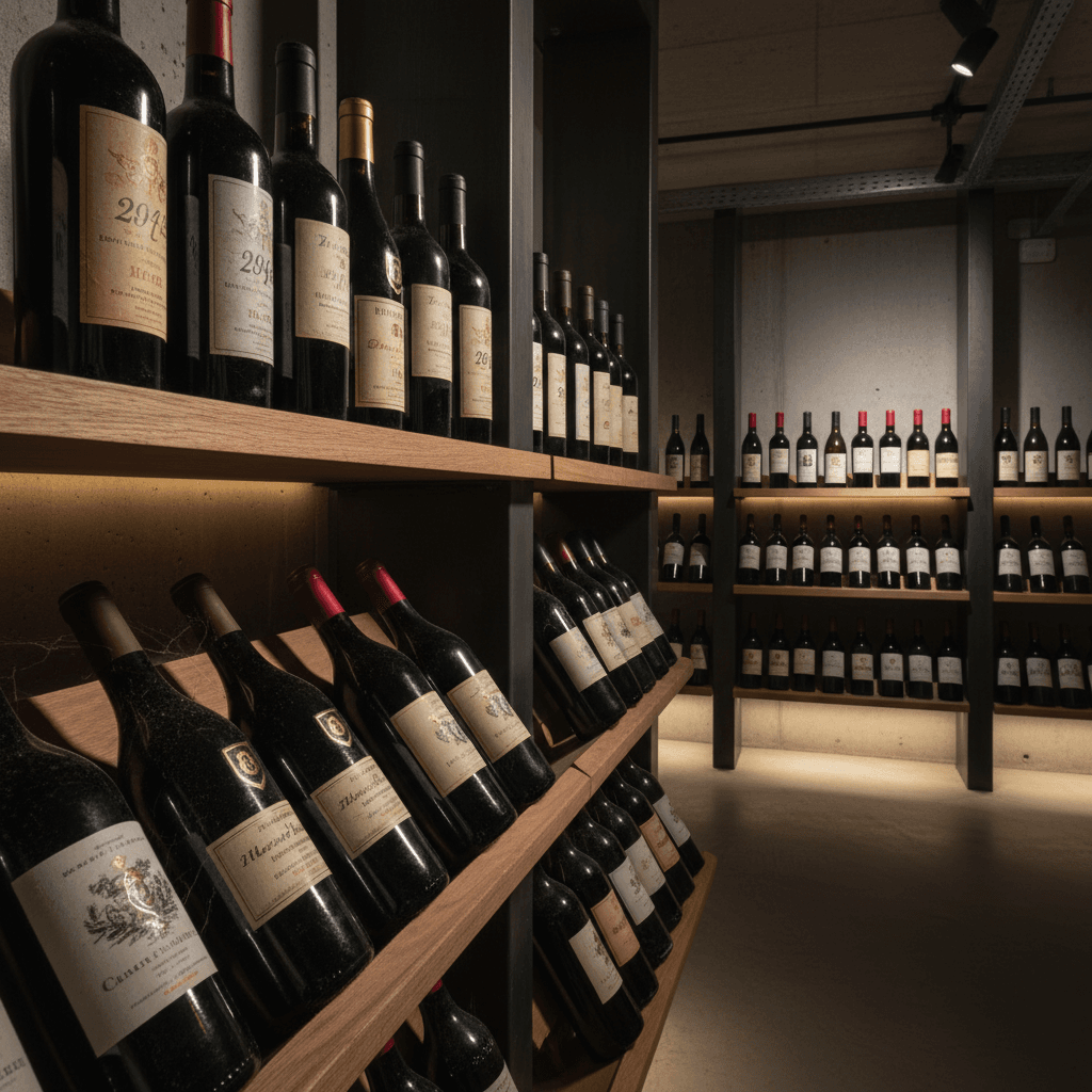 A collection of aged wine bottles in a dimly lit cellar, showcasing various vintages and labels.