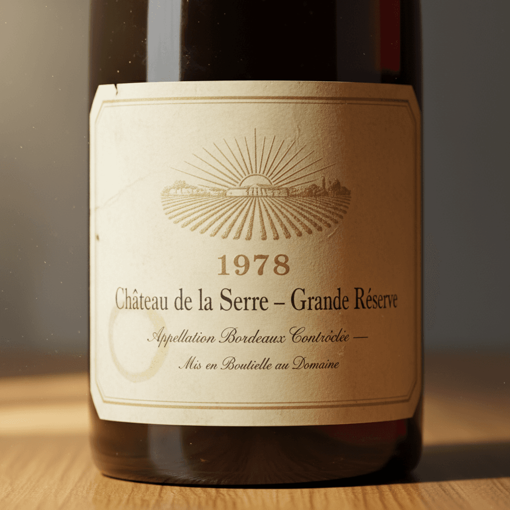 A close-up of an aged wine bottle label, showing the vintage and producer details.