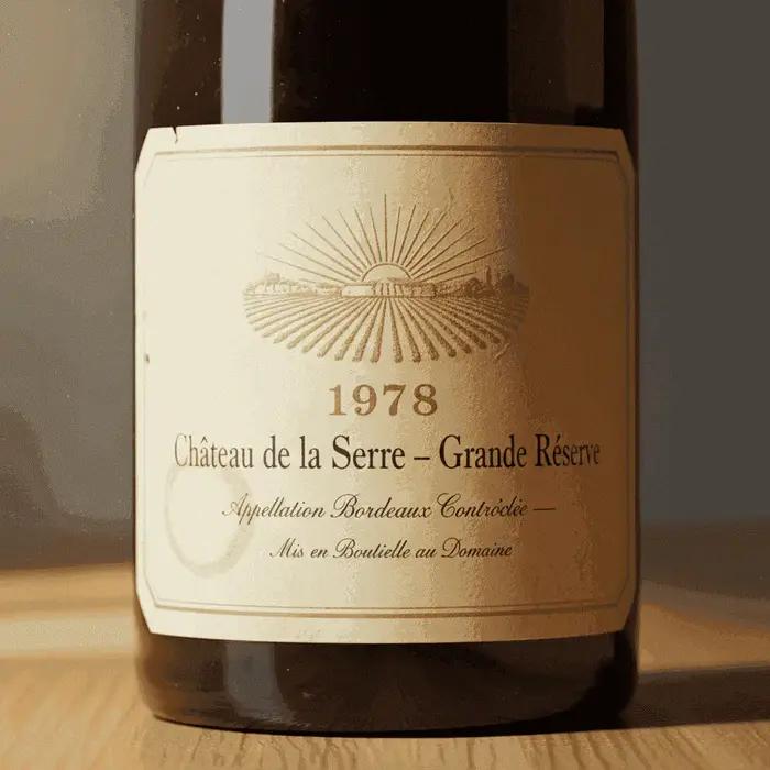 A close-up of an aged wine bottle label, showing the vintage and producer details.