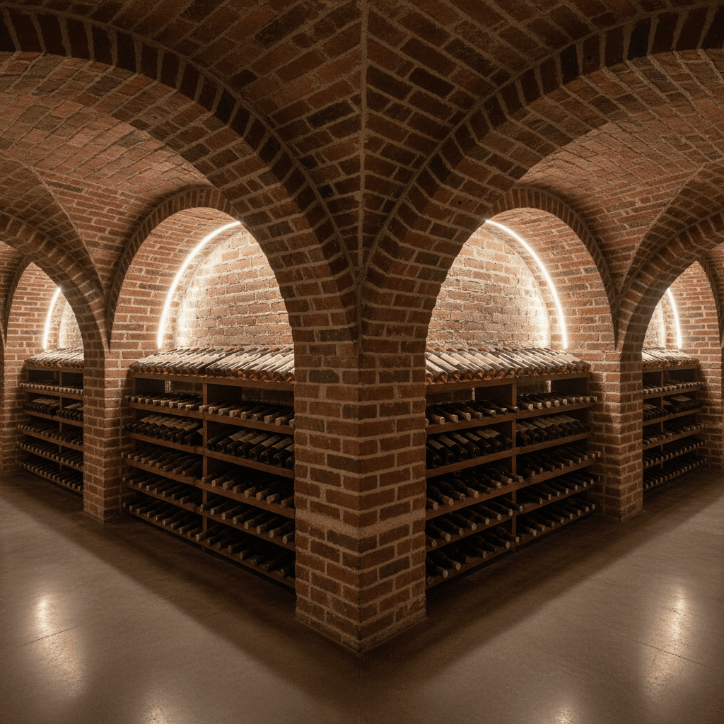 A beautifully arched brick wine cellar, filled with rows of aging wine bottles.