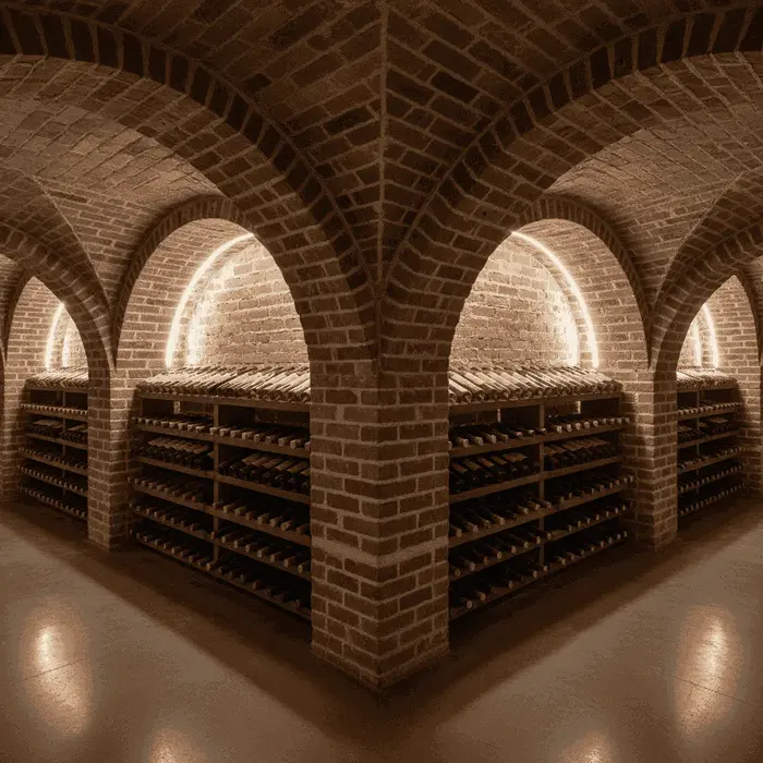 A beautifully arched brick wine cellar, filled with rows of aging wine bottles.