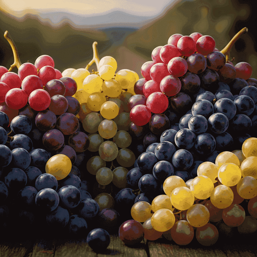 A collection of various wine grapes, showcasing different colors and shapes.