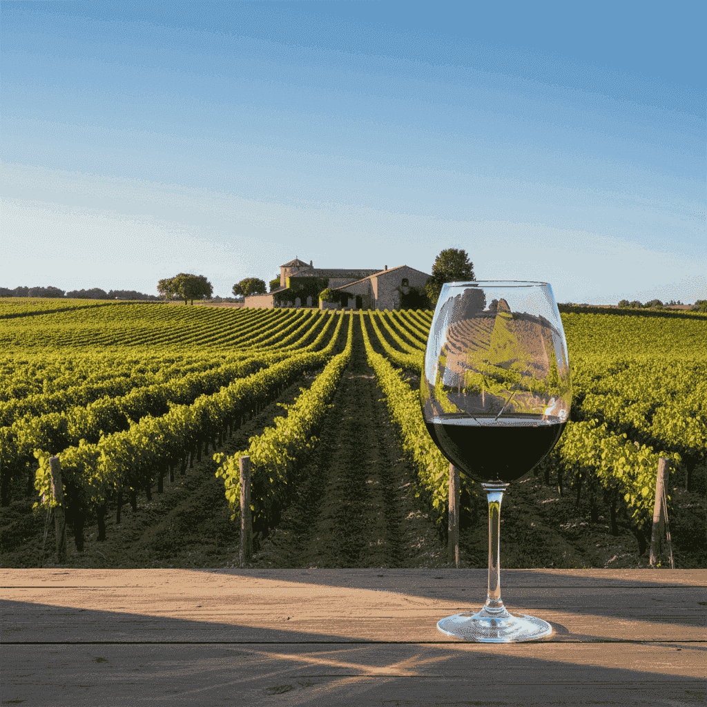 A picturesque vineyard stretching towards a historic winery building under a clear sky.