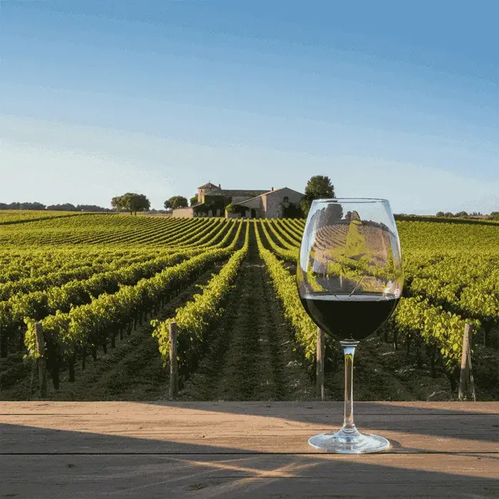 A picturesque vineyard stretching towards a historic winery building under a clear sky.