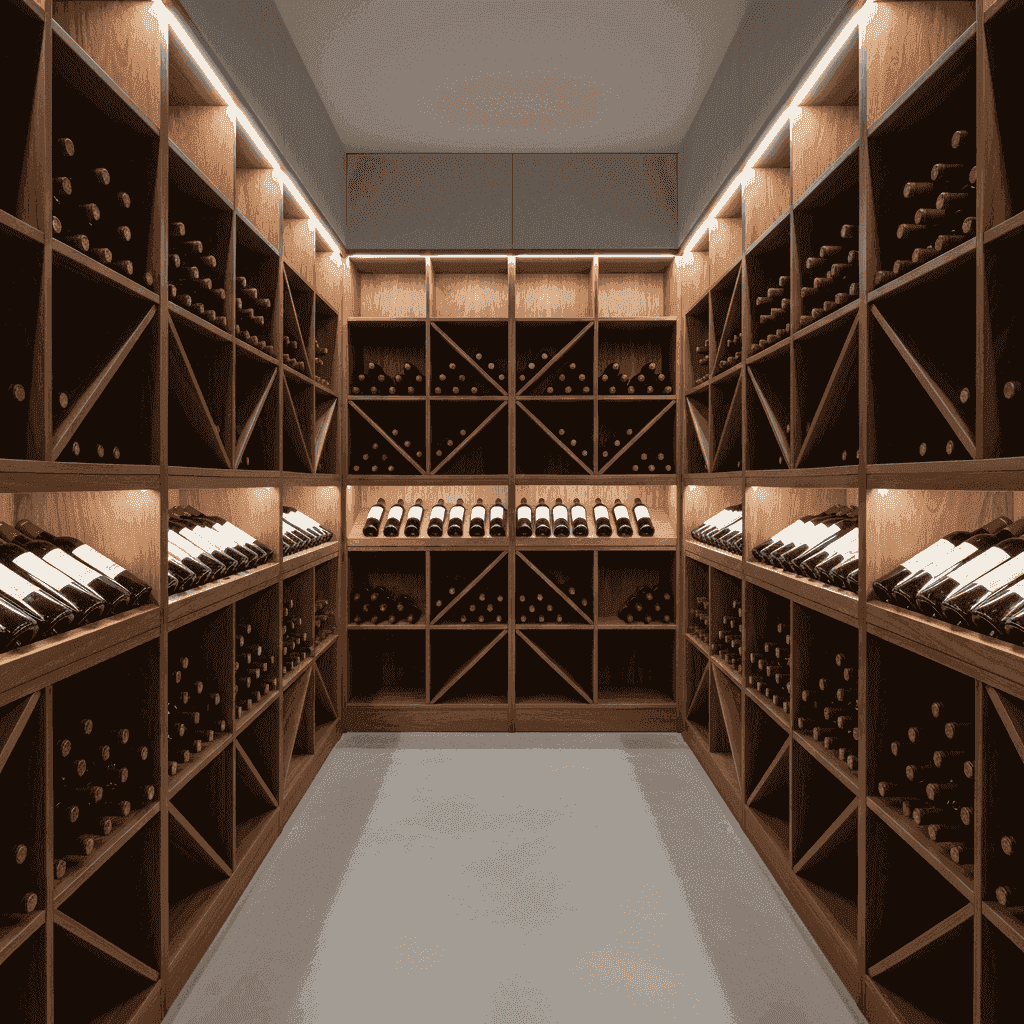 A well-organized wine cellar with bottles stored horizontally in wooden racks.